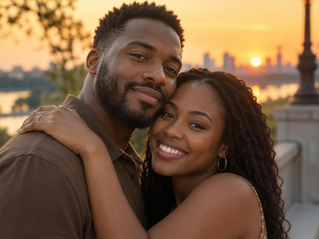 Black couple smiling and embracing at golden hour