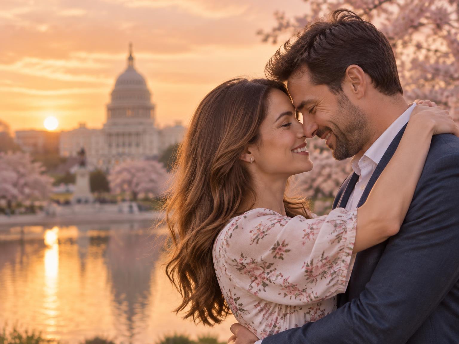 Smiling couple embracing at sunset
